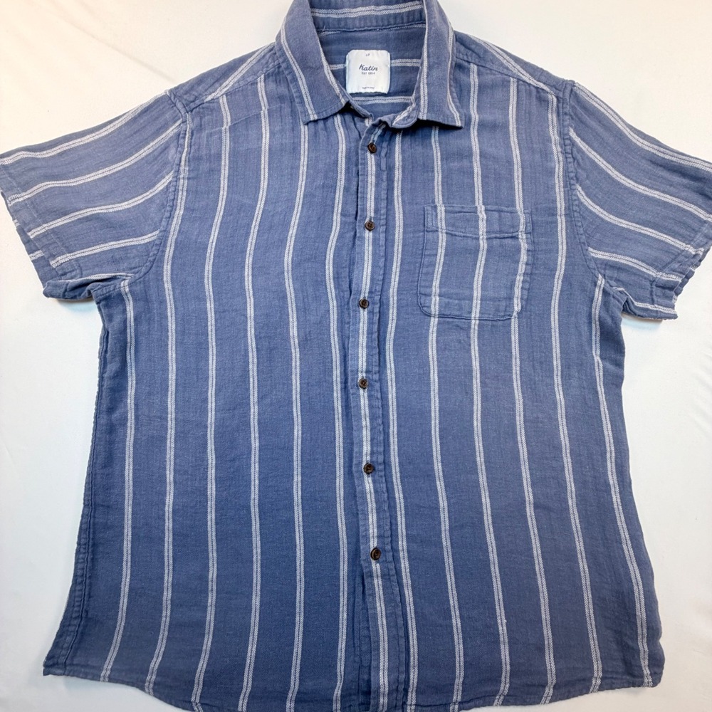 Katin Est 1954 Linen Blend Camp Shirt Mens Large Blue Stripe Button Up Pocket